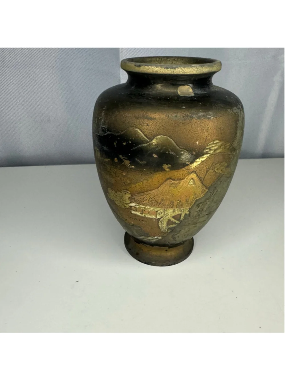 Vintage Bronze & Black Mountain Scene Mixed Metal Japanese Vase